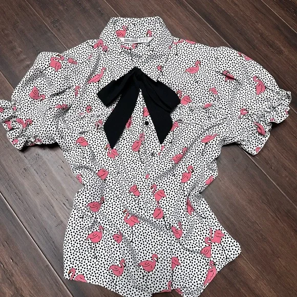 Zara White Blouse with Pink Pattern and Black Bow - Picture 4 of 4